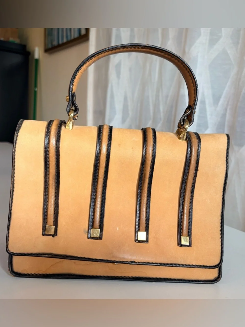 Vintage Tano Of Madrid Tan Accordion Top-Handle Leather Bag